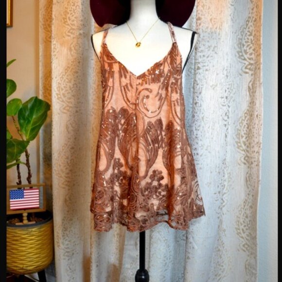 Free People Swingin’ It Sequin Velvet Romper Playsuit Brown  Sz XS Bohochic fall - Picture 1 of 13
